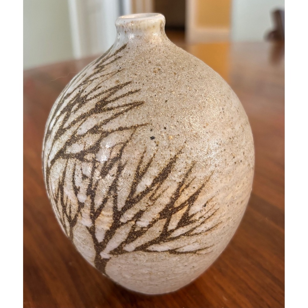 Anderson Design Maine Studio Pottery Bud Vase Hand Painted Tree Cream Glaze 5" - Picture 2 of 7